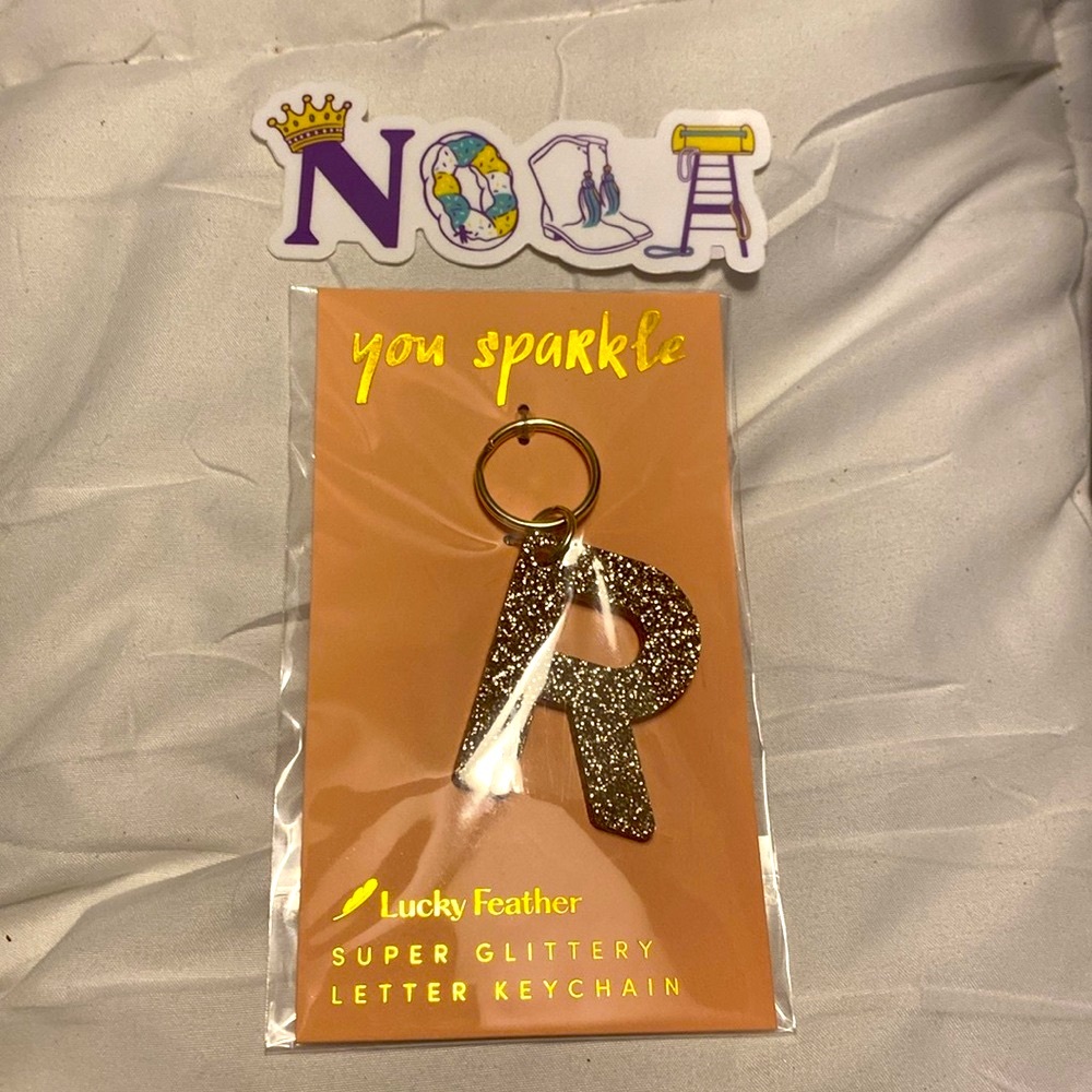 Lucky Feather Rose Gold “R” Acrylic Glitter Letter Keychain & NOLA Boots Sticker